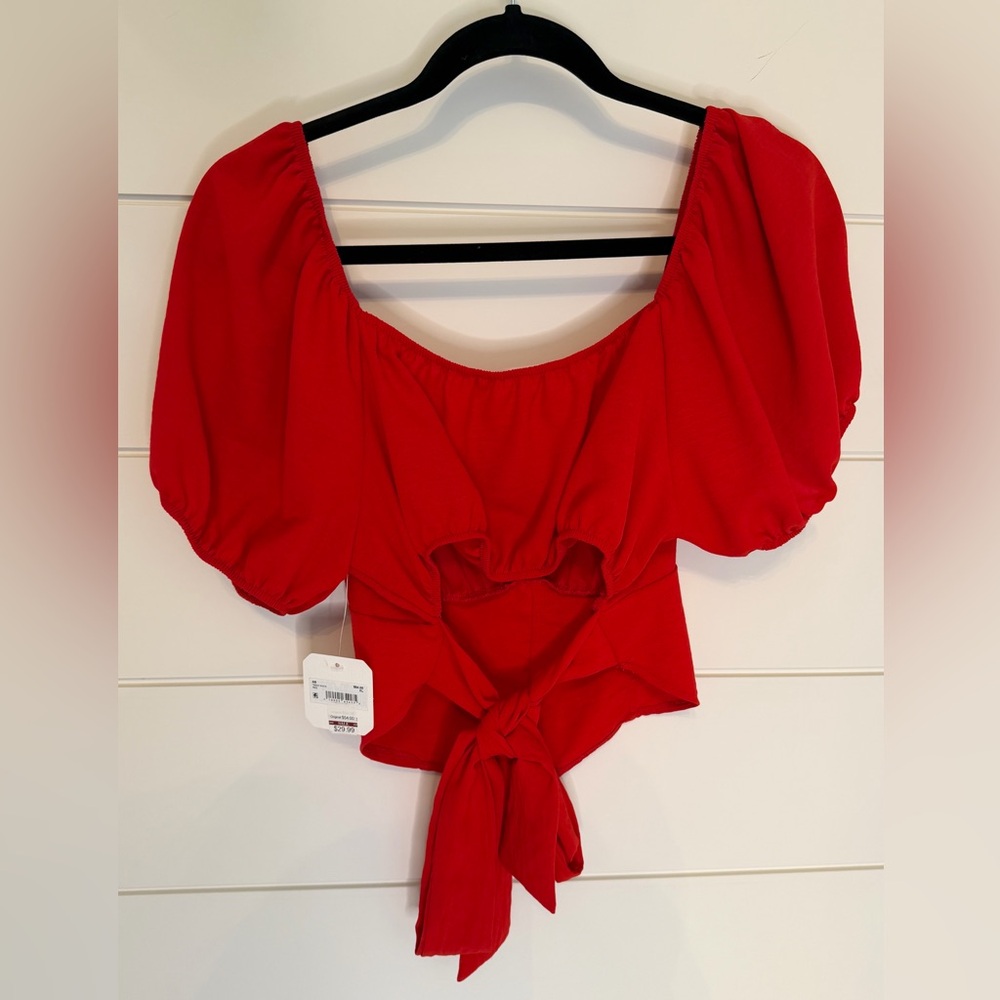 Altar'd State Bright Red Puff-Sleeve Crop Blouse - Picture 2 of 4